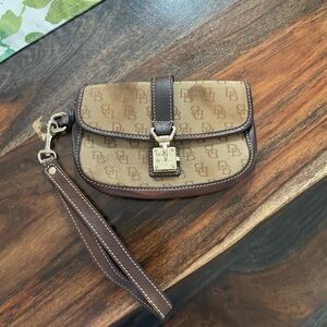 Dooney & Bourke Tan & Brown Signature Wristlet with Gold Lock